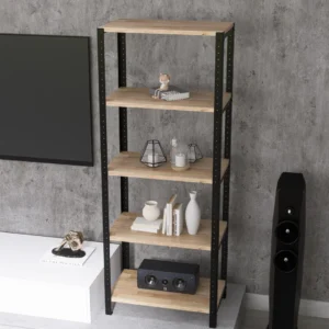 Zbliżenie na regał 60x35x154 – widok detali półek z płyty meblowej Dąb Dziki i czarnych profili stalowych