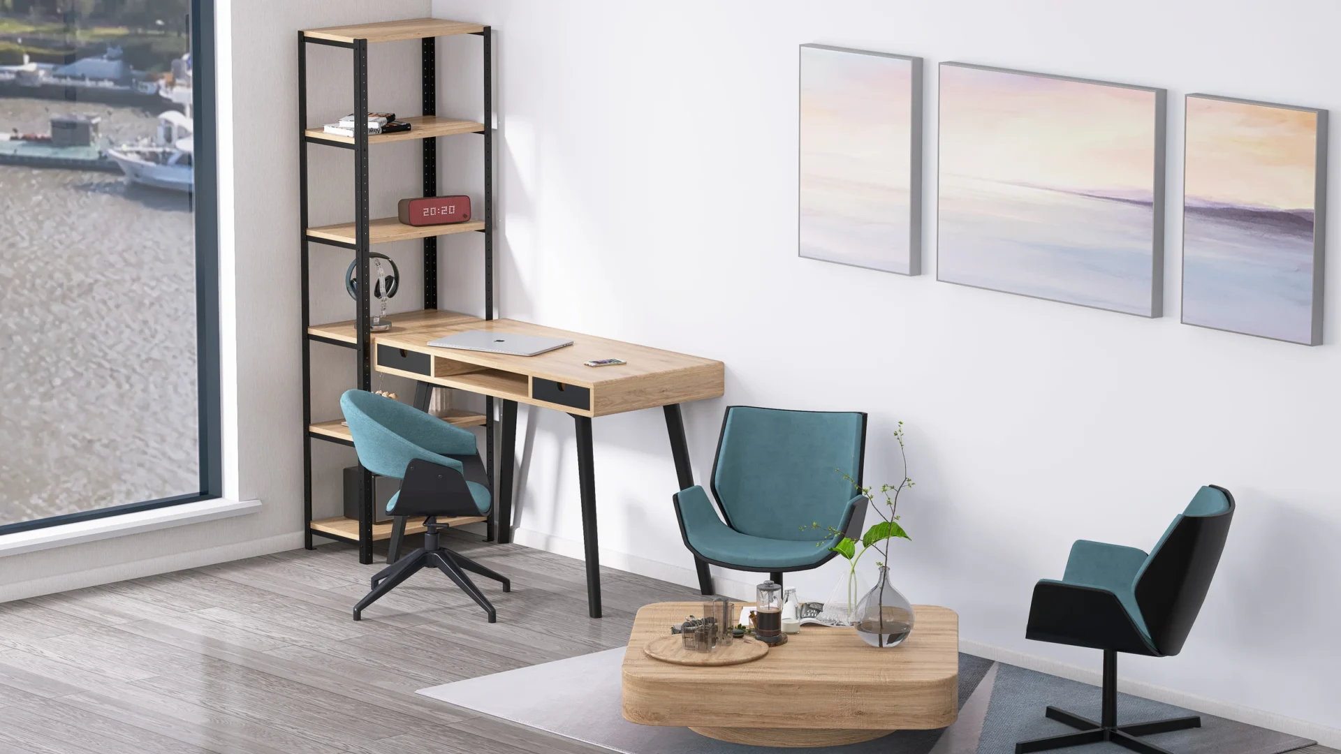 Regał Modiloft 60x35x190 Dąb Dziki – regał loftowy w jasnym salonie z dużym oknem