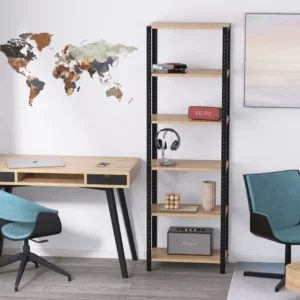 Zbliżenie na regał 60x35x190 – widok z boku na konstrukcję i półki w dekorze Dąb Dziki