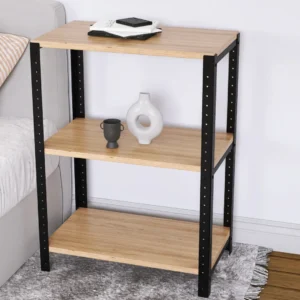 Zbliżenie na regał 60x35x82 – stalowy stelaż i półki w naturalnym odcieniu Dąb Dziki