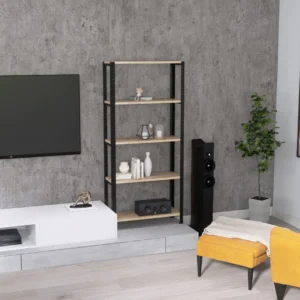 Regał 70x25x154 w salonie – elegancki regał loftowy na książki i dekoracje w wąskim wariancie