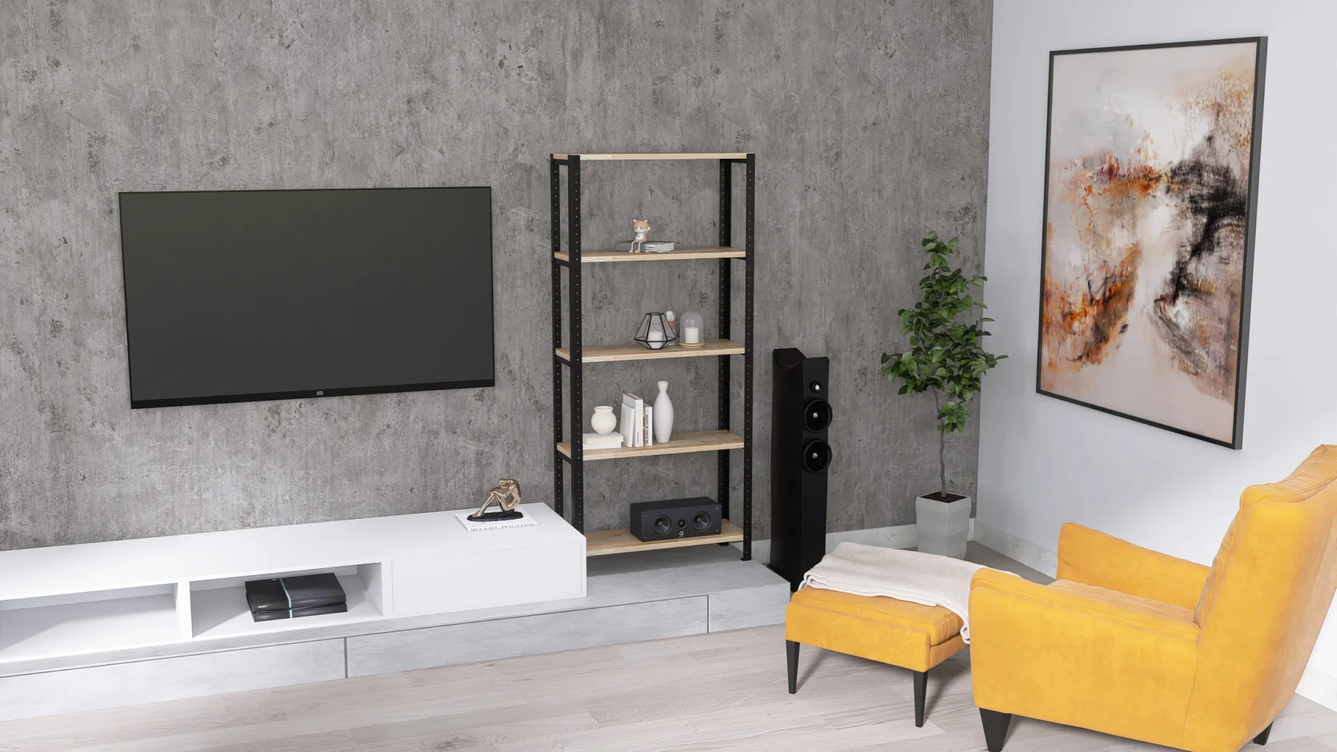 Regał 70x25x154 w salonie – elegancki regał loftowy na książki i dekoracje w wąskim wariancie