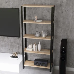 Zbliżenie regału 70x25x154 – drewniane półki o dekorze Dąb Europejski Rustykalny na stalowej konstrukcji