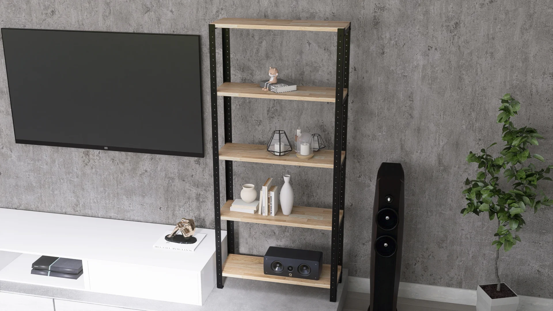 Zbliżenie regału 70x25x154 – drewniane półki o dekorze Dąb Europejski Rustykalny na stalowej konstrukcji