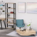 Regał 70x25x190 w aranżacji domowego biura – wysoki regał metalowo-drewniany do ekspozycji dekoracji i dokumentów