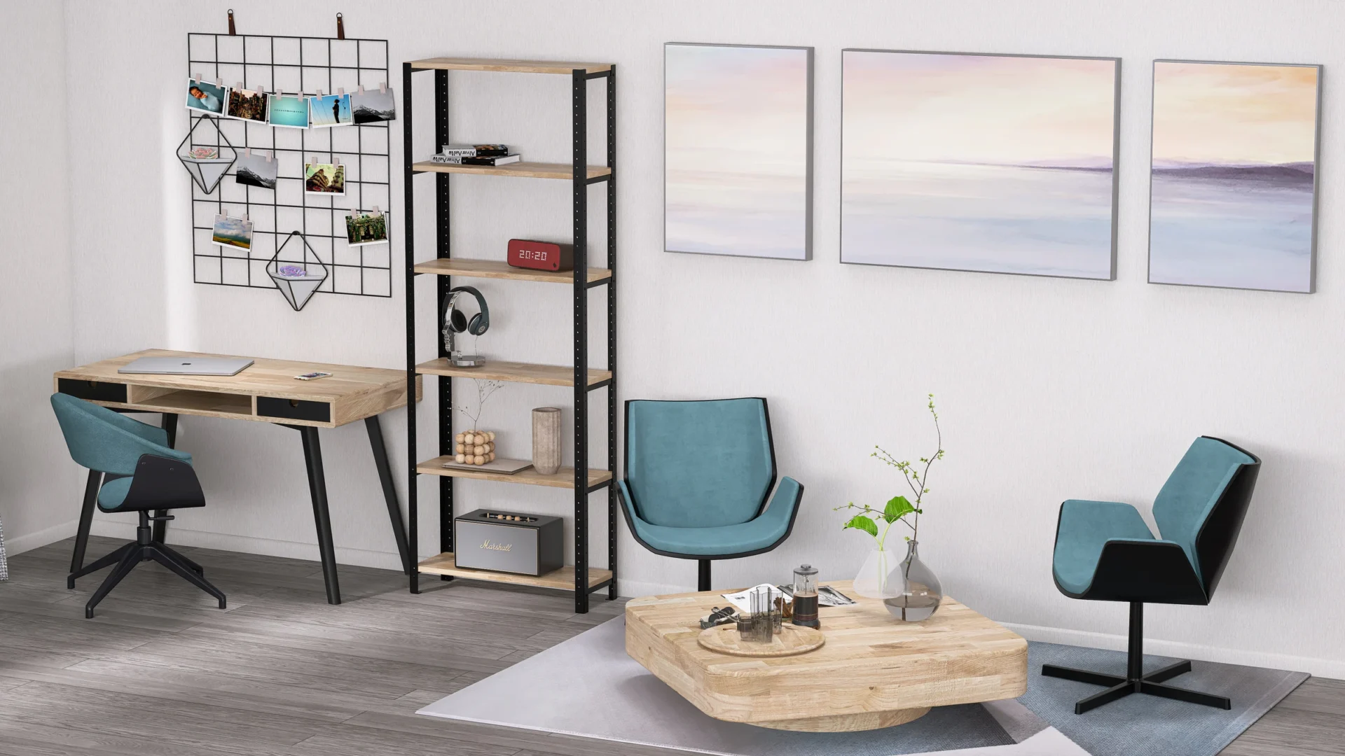 Regał 70x25x190 w aranżacji domowego biura – wysoki regał metalowo-drewniany do ekspozycji dekoracji i dokumentów