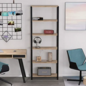 Wysoki regał metalowy 70x25x190 z półkami z litego dębu rustykalnego – zbliżenie na detale konstrukcji