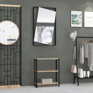 Niski regał loftowy 70x25x82 w nowoczesnym przedpokoju – funkcjonalne przechowywanie i ozdoba ściany