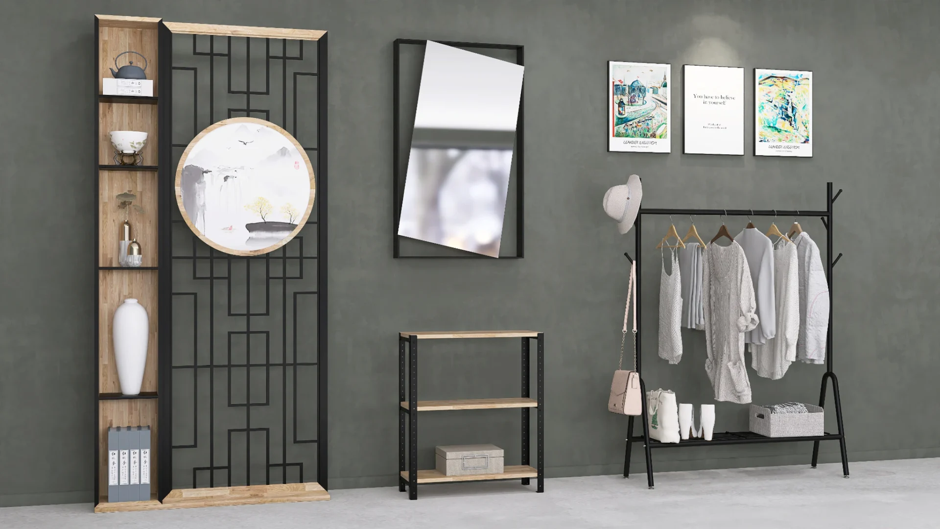 Niski regał loftowy 70x25x82 w nowoczesnym przedpokoju – funkcjonalne przechowywanie i ozdoba ściany