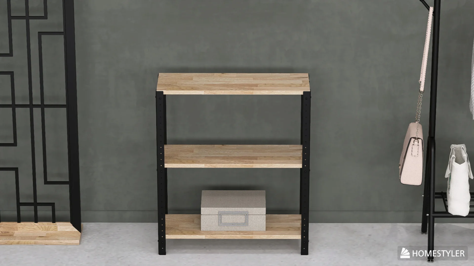 Detal regału 70x25x82 – półki w dekorze Dąb Europejski Rustykalny z kontrastującym stelażem stalowym