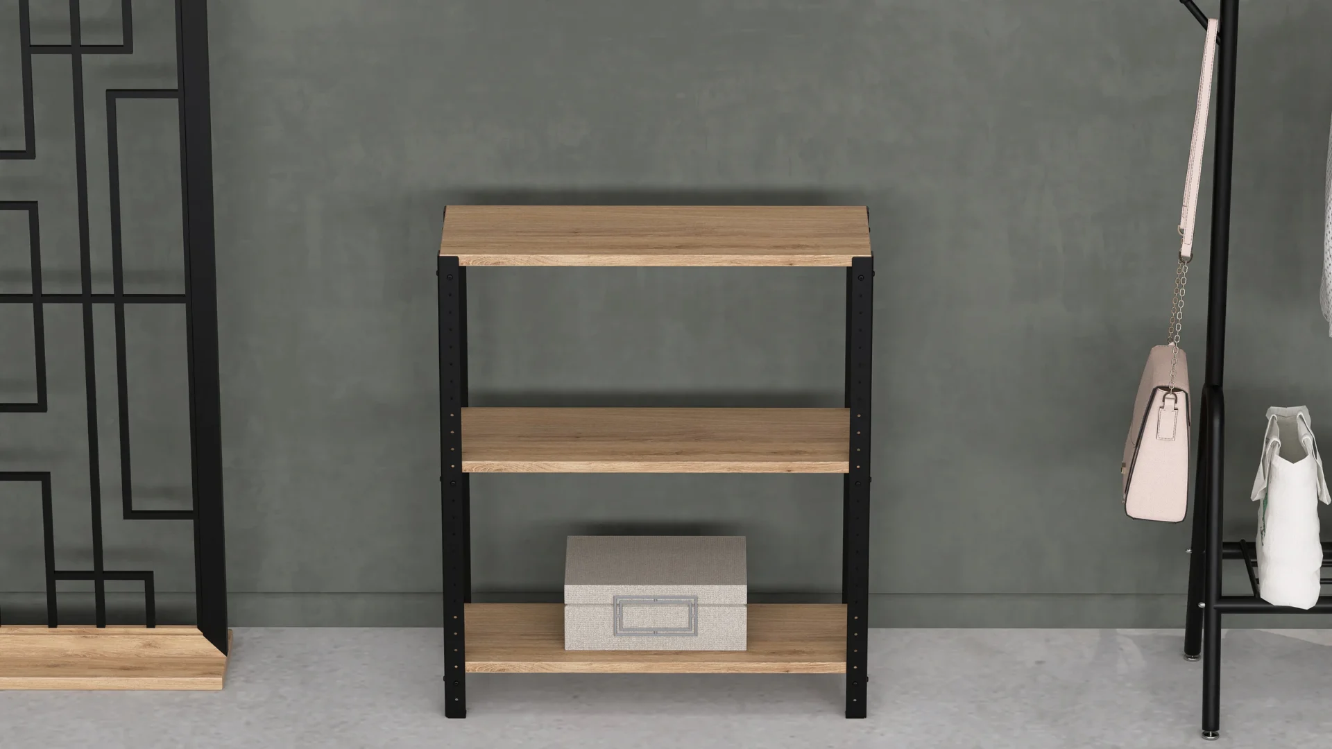 Zbliżenie regału 70x25x82 – półka wejściowa z płyty w dekorze Dąb Dziki i metalowym stelażem