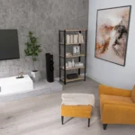 Regał 70x35x154 w aranżacji salonu – przestronny mebel industrialny z półkami z naturalnego drewna