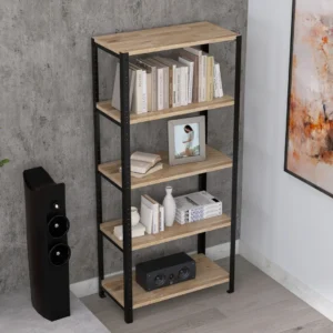 Zbliżenie na rustykalne półki regału 70x35x154 – faktura drewna i czarna stal w stylu loft