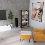 Regał loftowy 70x35x154 Dąb Dziki w aranżacji salonu z telewizorem i żółtym fotelem