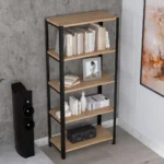 Zbliżenie regału 70x35x154 – wyraźny rysunek dekoru Dąb Dziki i industrialna stal