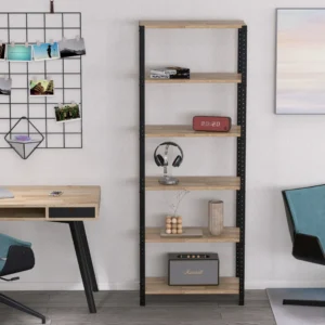 Detal regału loftowego 70 × 25 × 190 cm z półkami z dębu europejskiego rustykalnego – widoczne mocowanie stalowej ramy do naturalnego drewna