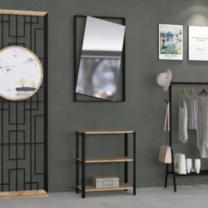 Niski regał 70 × 35 × 82 cm w stylu loft – aranżacja przedpokoju z dekoracyjnymi zegarami, półki z dębu europejskiego rustykalnego