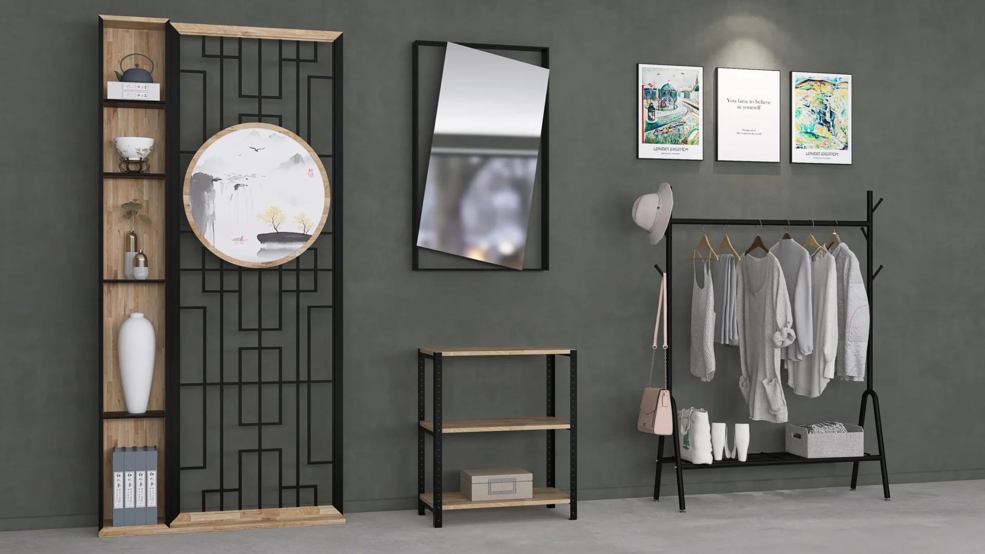 Niski regał 70 × 35 × 82 cm w stylu loft – aranżacja przedpokoju z dekoracyjnymi zegarami, półki z dębu europejskiego rustykalnego