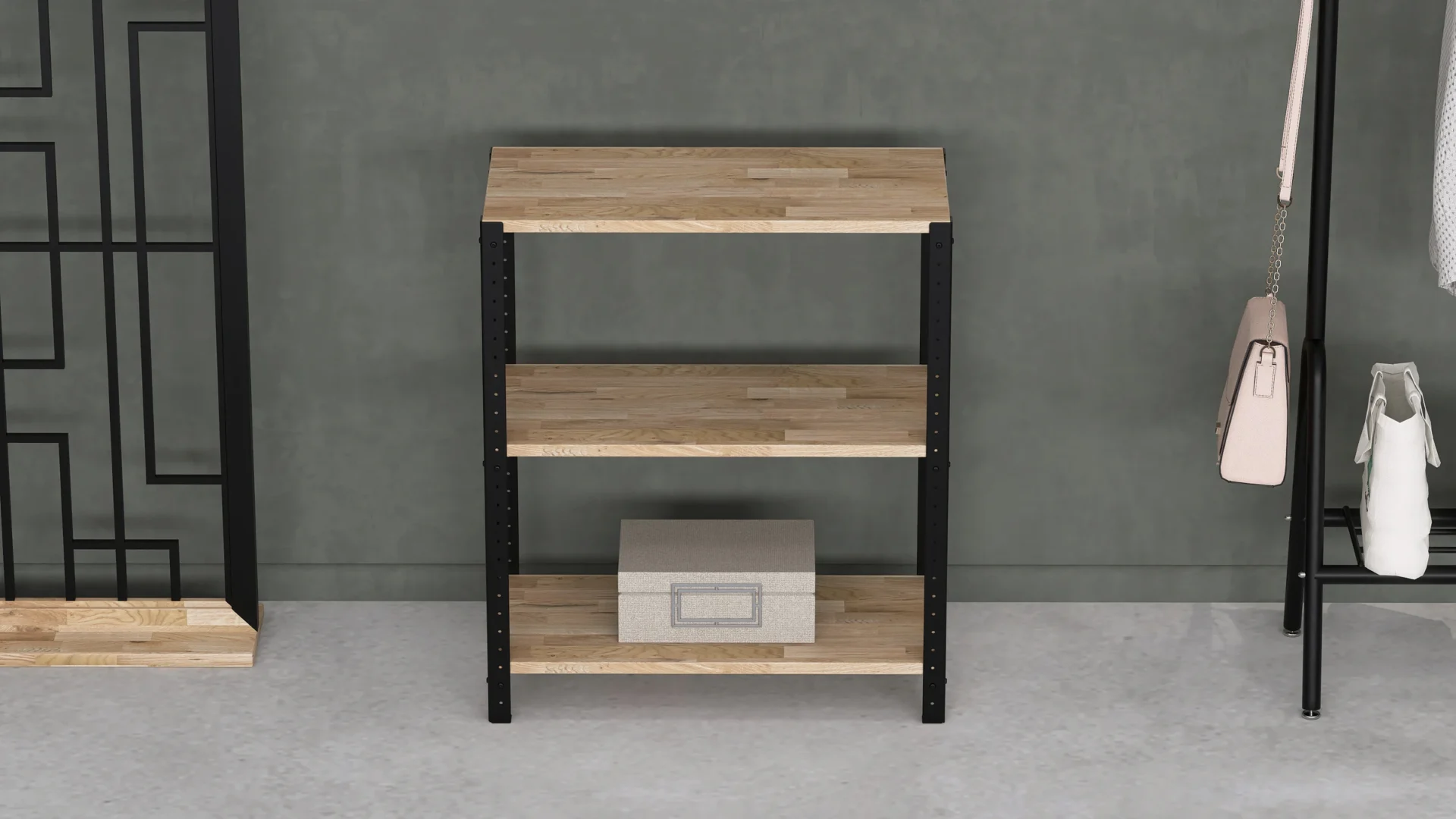 Zbliżenie półek i profilu stalowego regału 70 × 35 × 82 cm – wyrazista faktura drewna dębowego i czarna konstrukcja industrialna