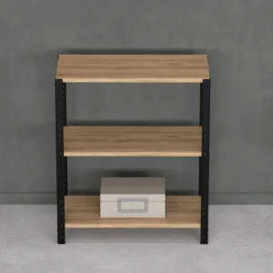 Zbliżenie na niski regał 70x35x82 – ciemna stalowa rama i naturalny dekor płyty Dąb Dziki