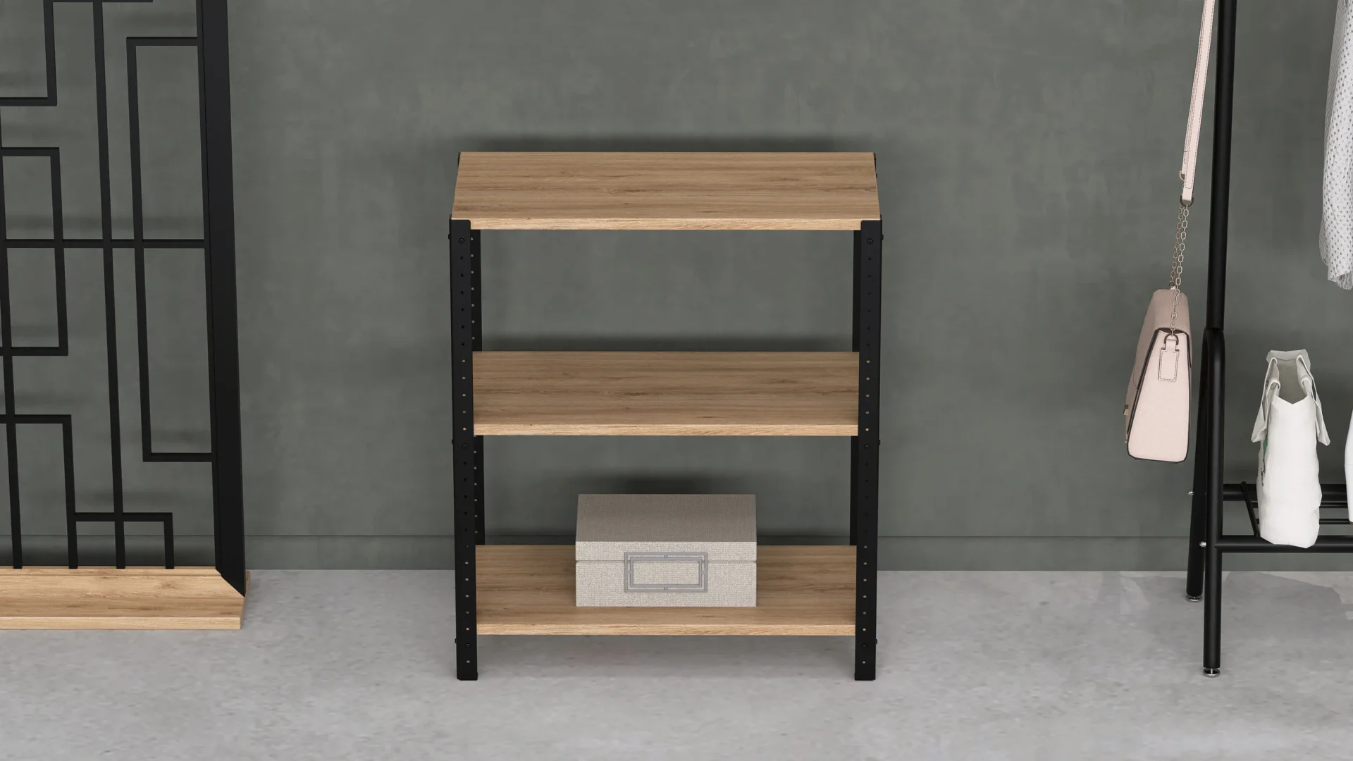 Zbliżenie na niski regał 70x35x82 – ciemna stalowa rama i naturalny dekor płyty Dąb Dziki