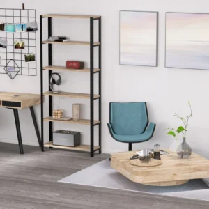 Wysoki regał 80 × 25 × 190 cm jako loftowa biblioteczka w jasnym gabinecie – industrialny stelaż i półki z dębu europejskiego rustykalnego