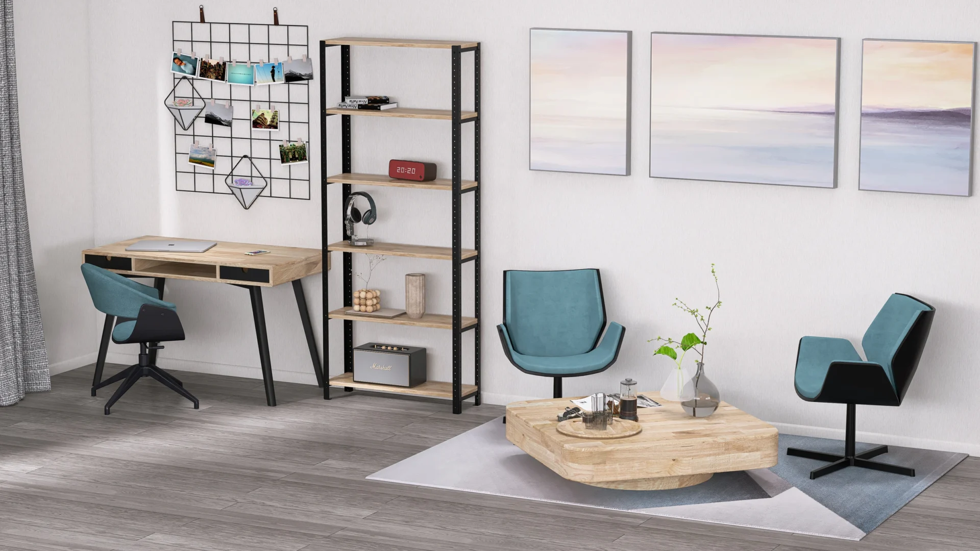 Wysoki regał 80 × 25 × 190 cm jako loftowa biblioteczka w jasnym gabinecie – industrialny stelaż i półki z dębu europejskiego rustykalnego