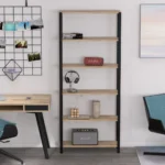 Stylowy regał loftowy 80x25x82 cm w aranżacji przedpokoju – stalowa konstrukcja z półkami w dekorze Dąb Europejski Rustykalny, idealny do nowoczesnych wnętrz