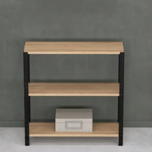 Zbliżenie na niski regał 80x25x82 – surowa stal i wyrazisty dekor Dąb Dziki