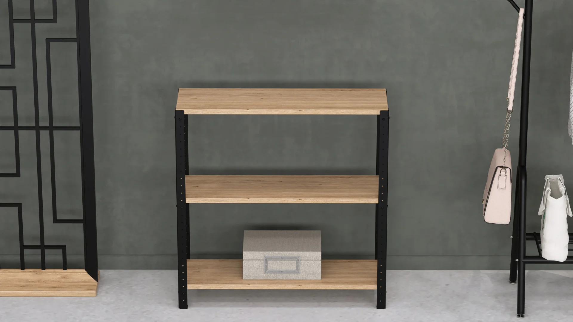 Zbliżenie na niski regał 80x25x82 – surowa stal i wyrazisty dekor Dąb Dziki