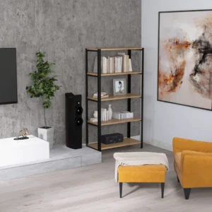 Regał 80x35x154 z półkami w dekorze Dąb Dziki w salonie z telewizorem i żółtym fotelem