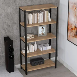 Zbliżenie regału 80x35x154 – detale stalowej konstrukcji i płyty meblowej Dąb Dziki