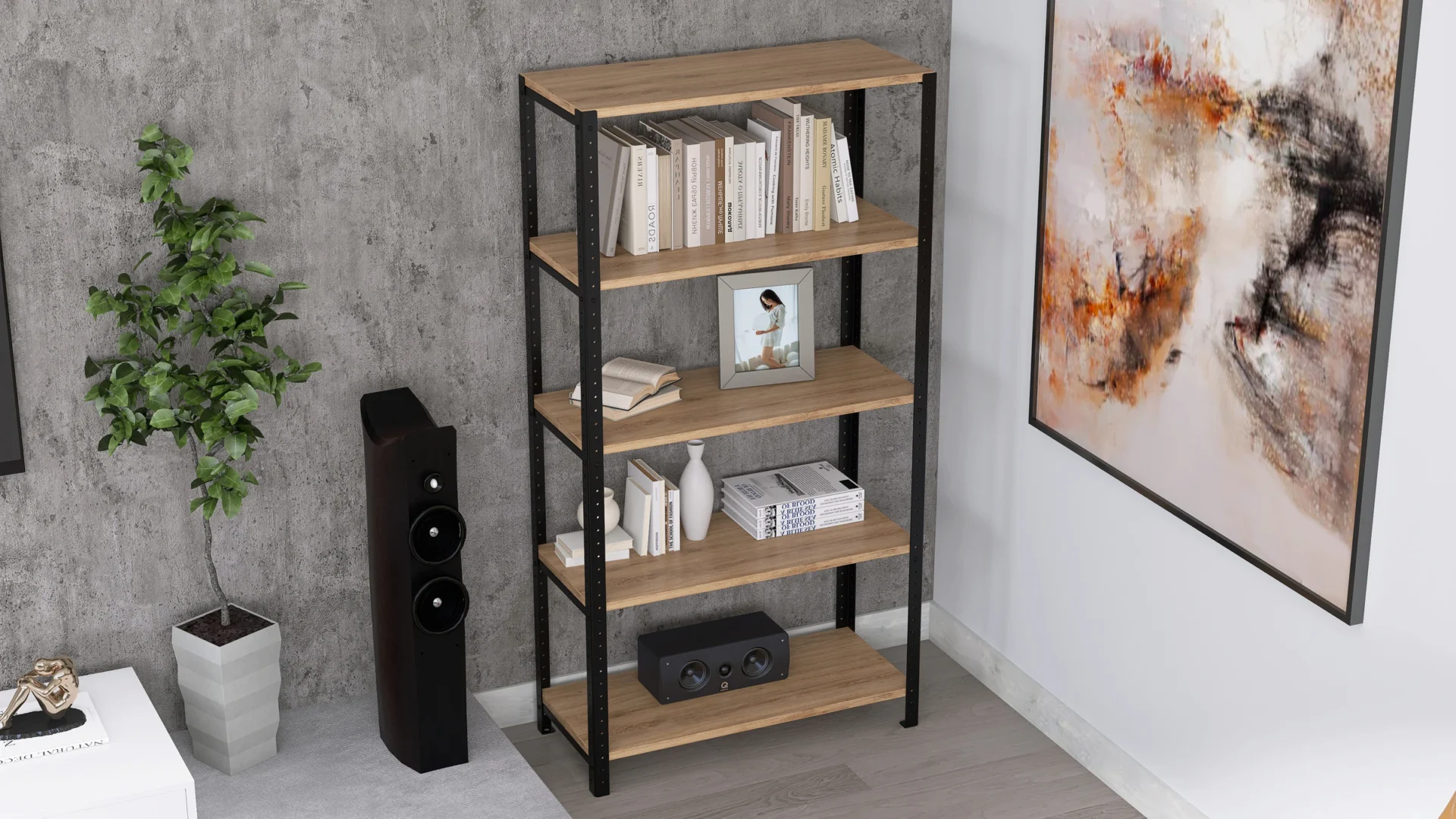 Zbliżenie regału 80x35x154 – detale stalowej konstrukcji i płyty meblowej Dąb Dziki