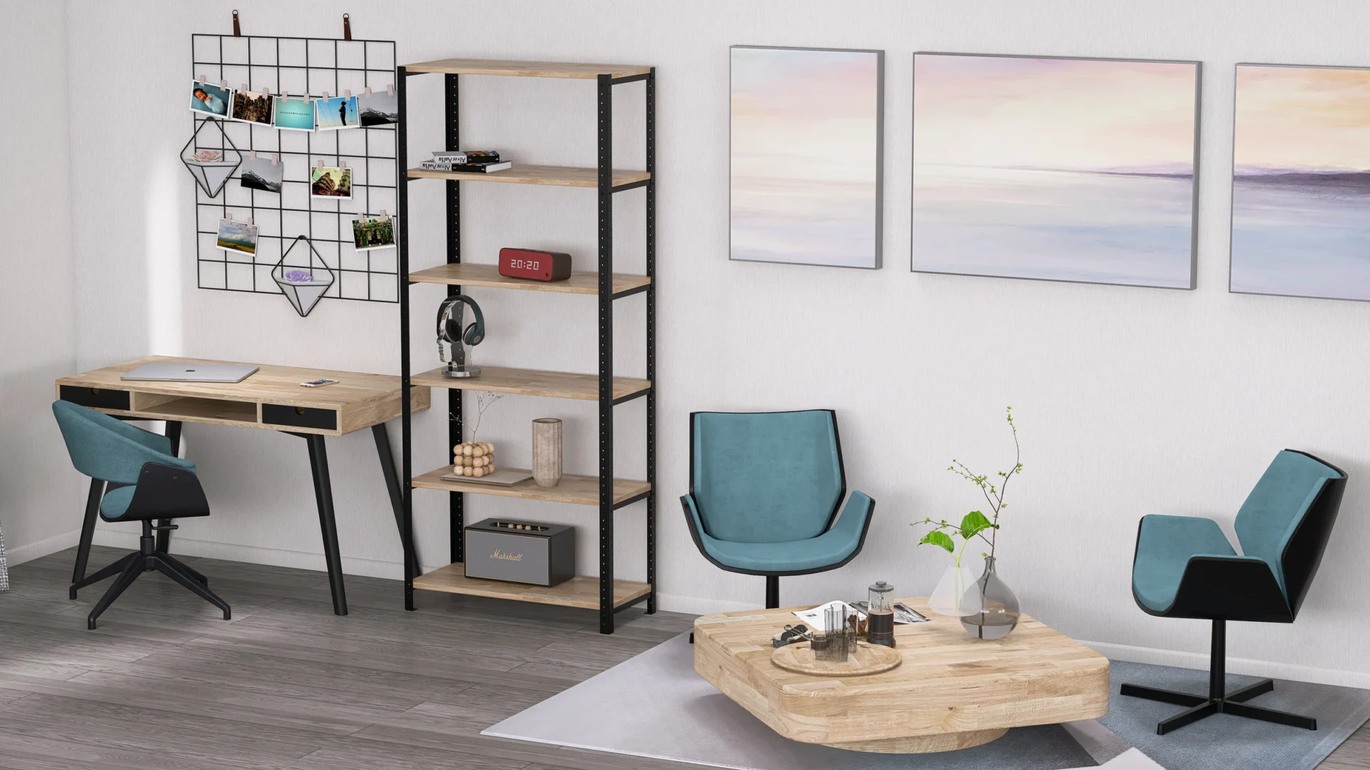 Wysoki regał metalowy 80x35x190 cm z pięcioma półkami w stylu loft – minimalistyczna aranżacja wnętrza z loftowym charakterem