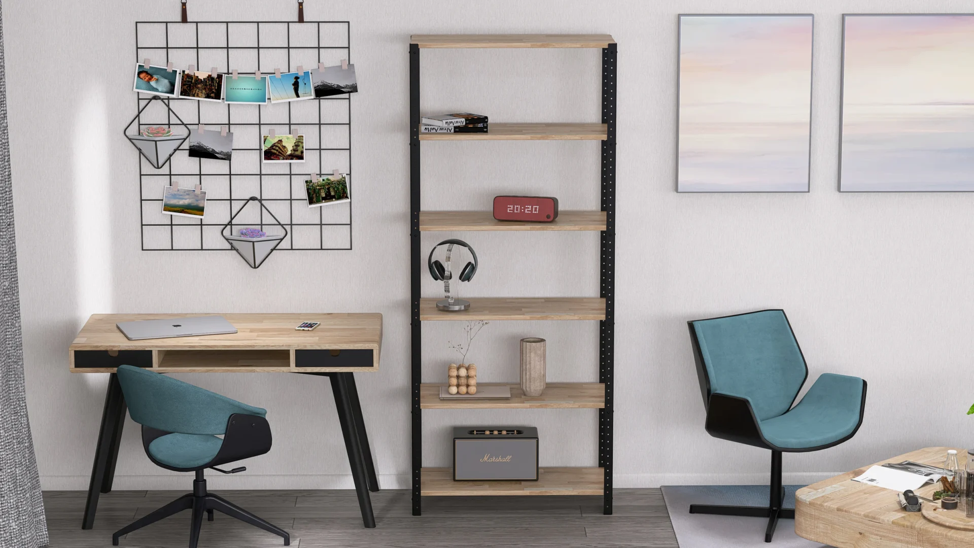 Zbliżenie regału loftowego 80x35x190 cm – stalowa konstrukcja i półki w dekorze Dąb Europejski Rustykalny w aranżacji nowoczesnego biura