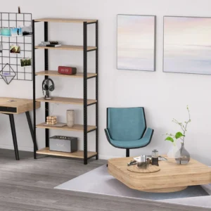 Wysoki regał 80x35x190 z książkami i roślinami w nowoczesnym salonie