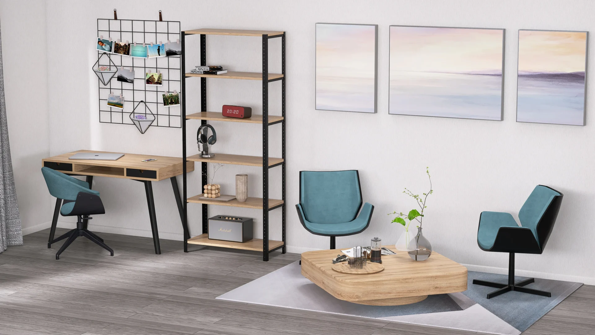 Wysoki regał 80x35x190 z książkami i roślinami w nowoczesnym salonie