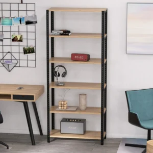 Zbliżenie regału 80x35x190 – półki w stylu loft z charakterystycznym dekorem drewna