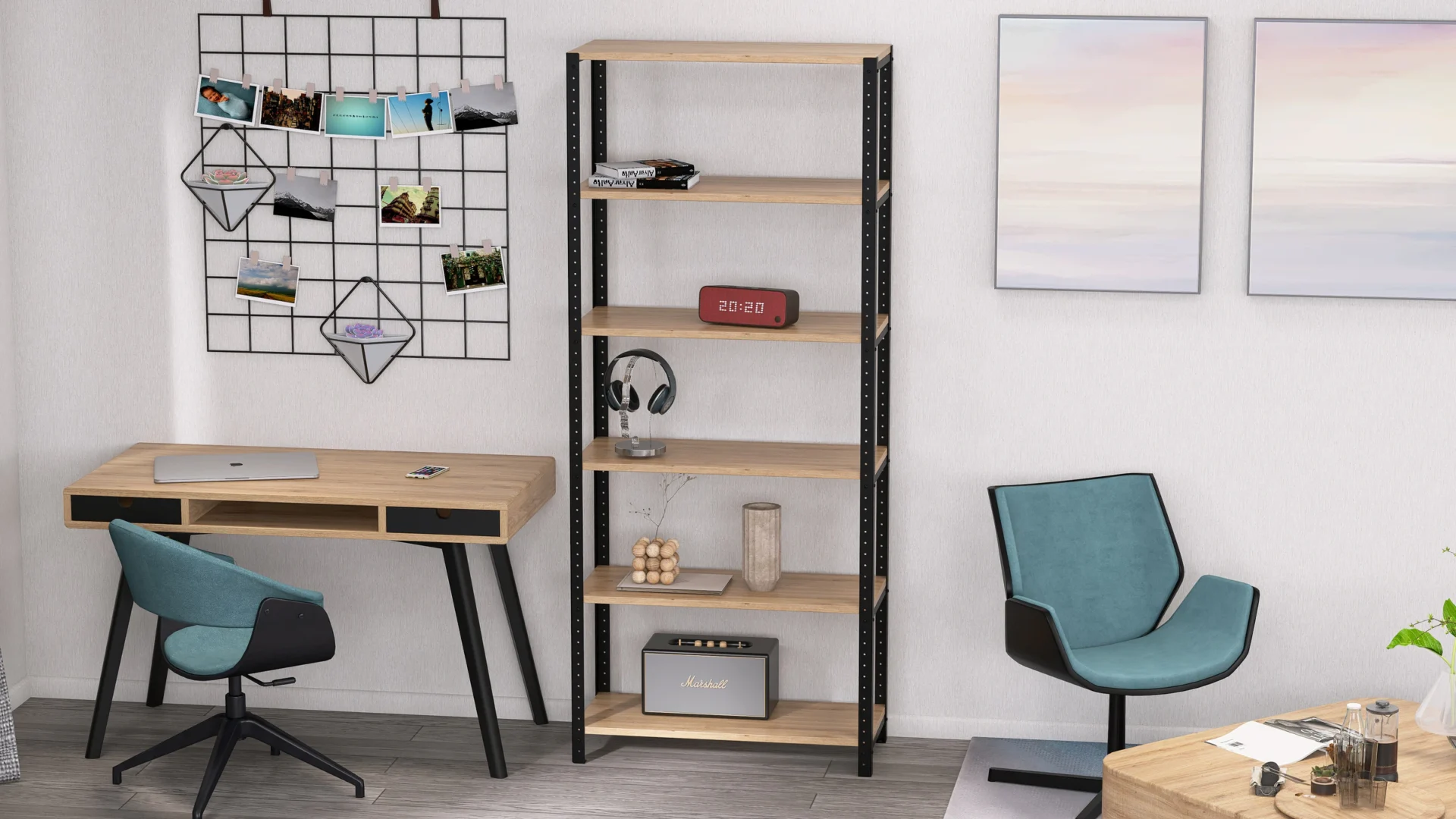 Zbliżenie regału 80x35x190 – półki w stylu loft z charakterystycznym dekorem drewna