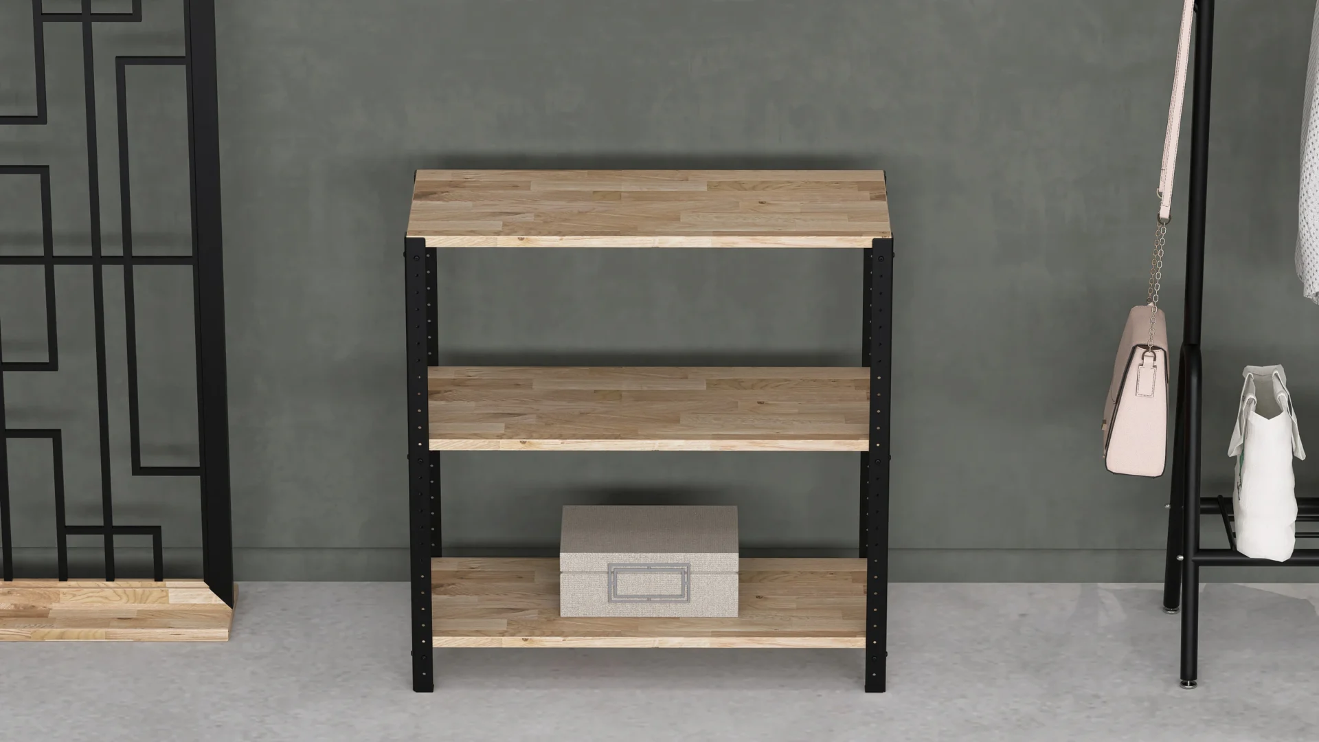Detal regału 80x35x82 cm – widok z boku na stalową ramę i realistycznie odwzorowaną półkę z płyty w dekorze Dąb Europejski Rustykalny