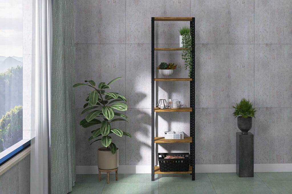 Regały loft z systemową konstrukcją do salonu