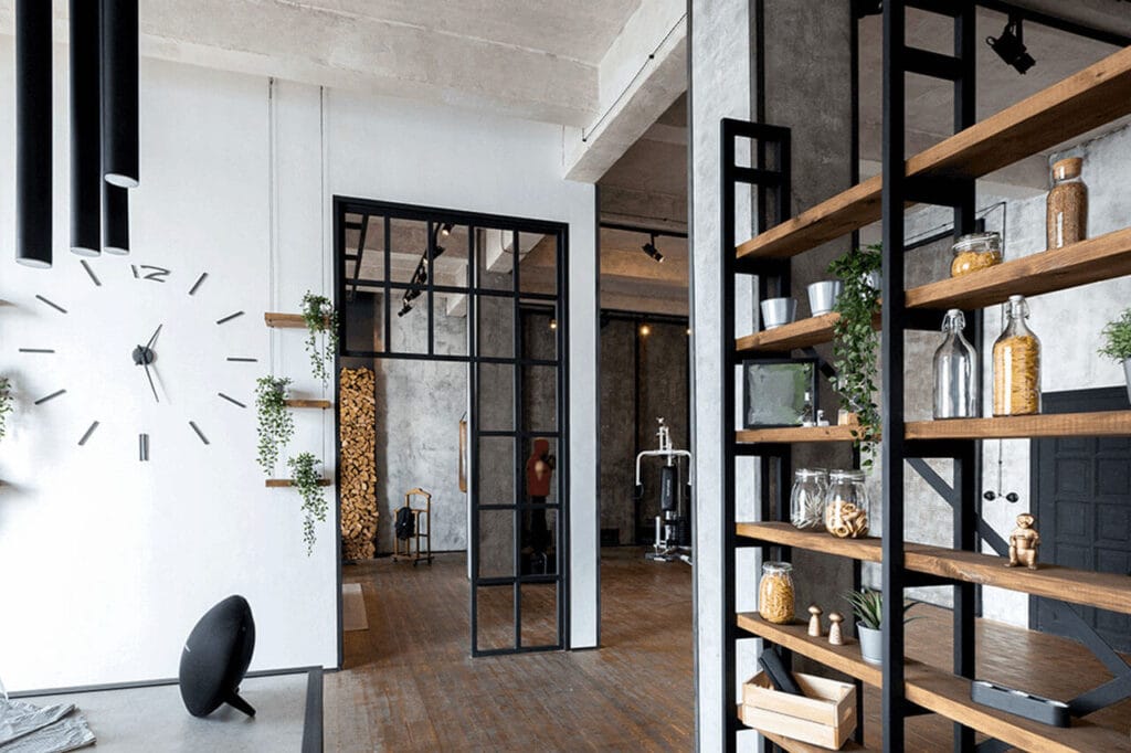 Regały z dębowymi półkami w stylu loft